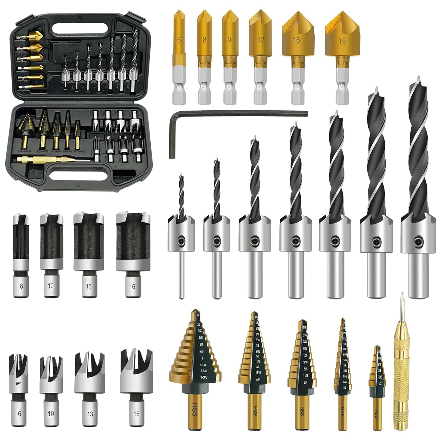 28-piece woodworking chamfering and drilling tool set - countersink drill bit, step drill bit set, etc.