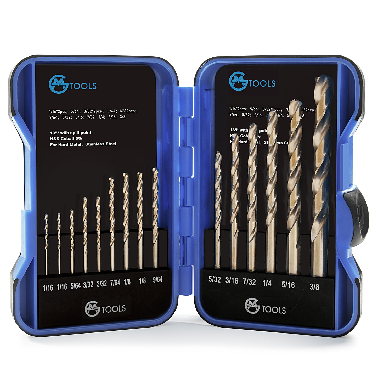 15Pcs Cobalt Drill Bit Set, M35 HSS, 135 Degree Tip, Twist Jobber Length Drill Bit Kit for Hardened Metal, Cast Iron, Stainless Steel, Plastic and Wood, with Indexed Storage Case 1/16"-3/8"
