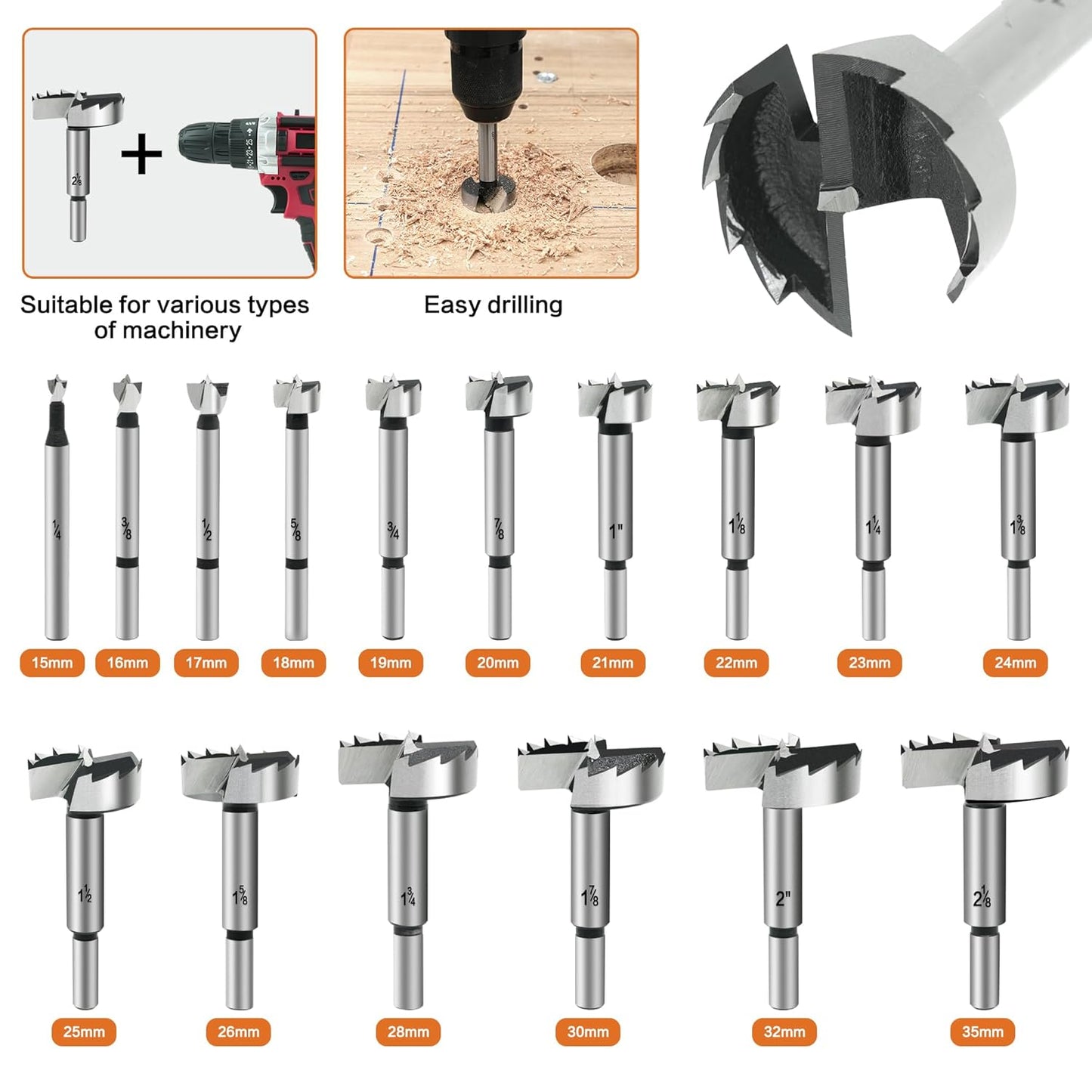 16PCS Forstner Drill Bits for Wood, Carbide Forstner Bit for Woodworking, Auger Opener Round Shank Drilling Cutting Tool for Hardwood, Softwood, Plastic, Plywood