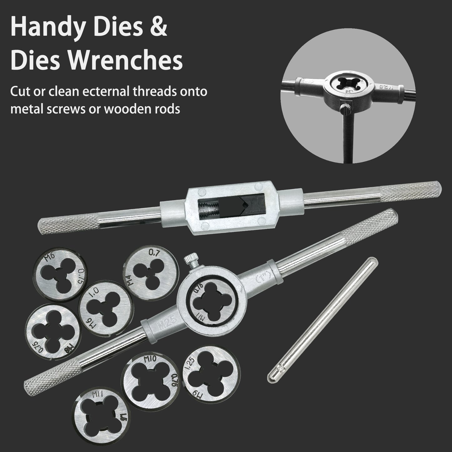 110-piece tap and die set, metric sizes M2-M18 standard threading tools with adjustable handles and more
