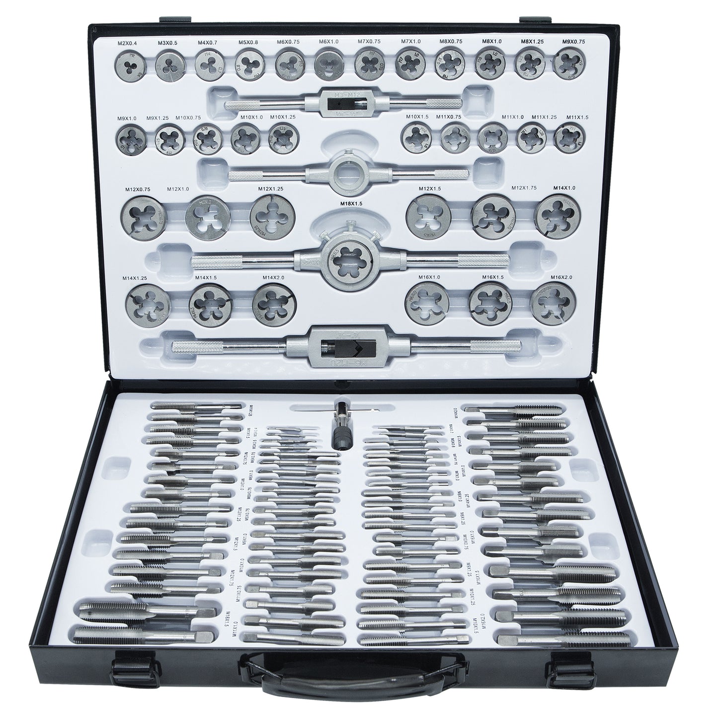110-piece tap and die set, metric sizes M2-M18 standard threading tools with adjustable handles and more
