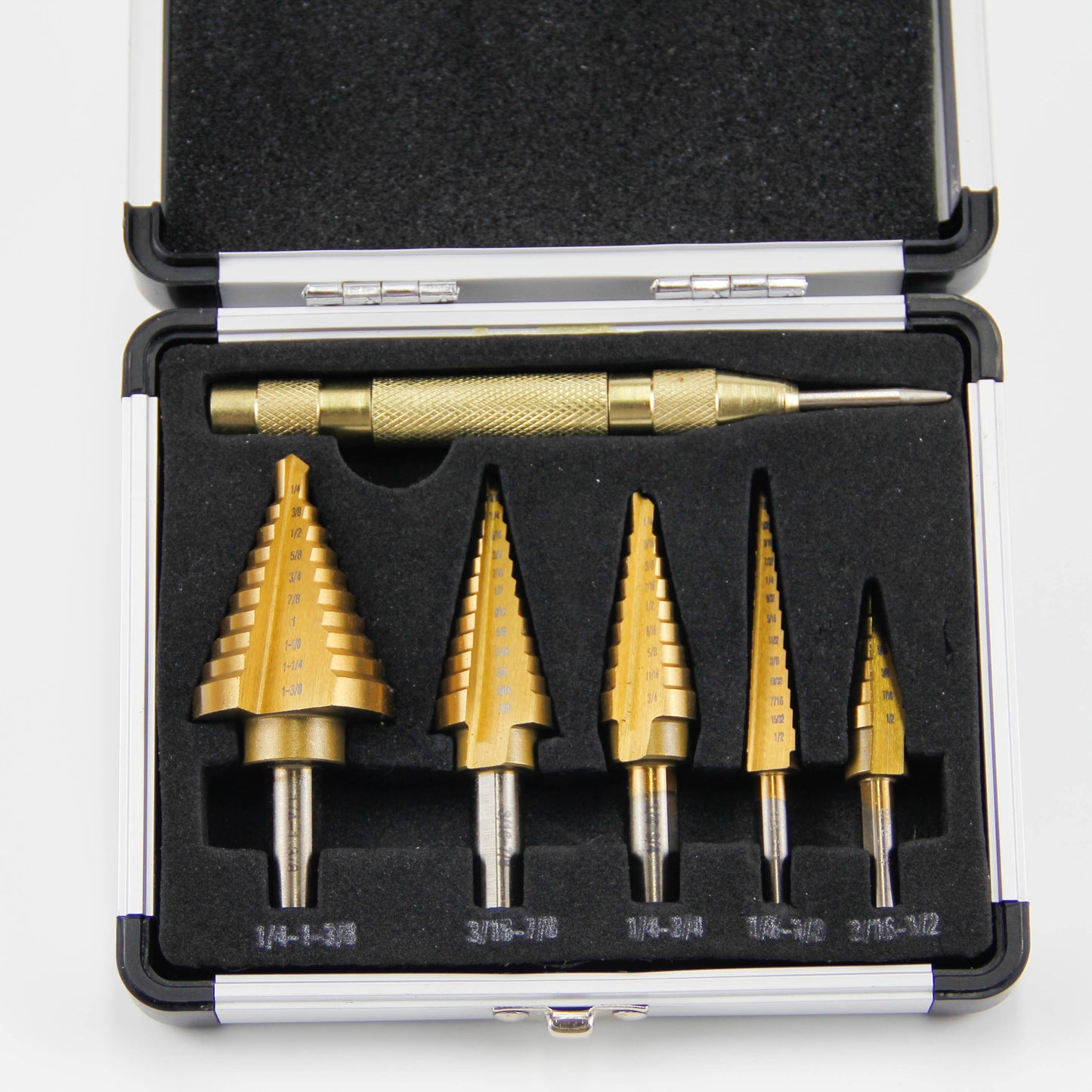 6 pcs straight slot titanium step drill bits in aluminum box