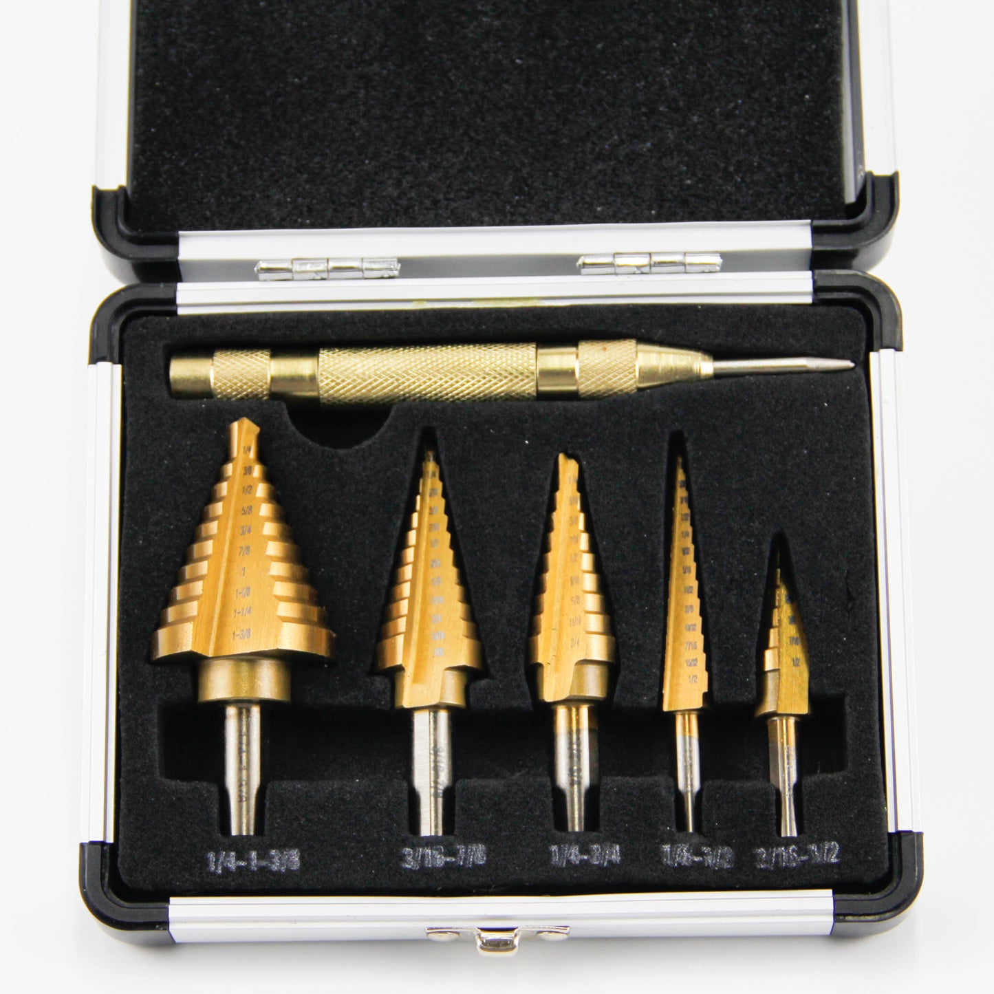 6 pcs straight slot titanium step drill bits in aluminum box