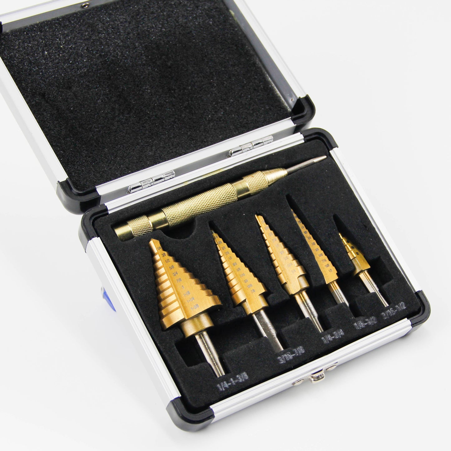 6 pcs straight slot titanium step drill bits in aluminum box