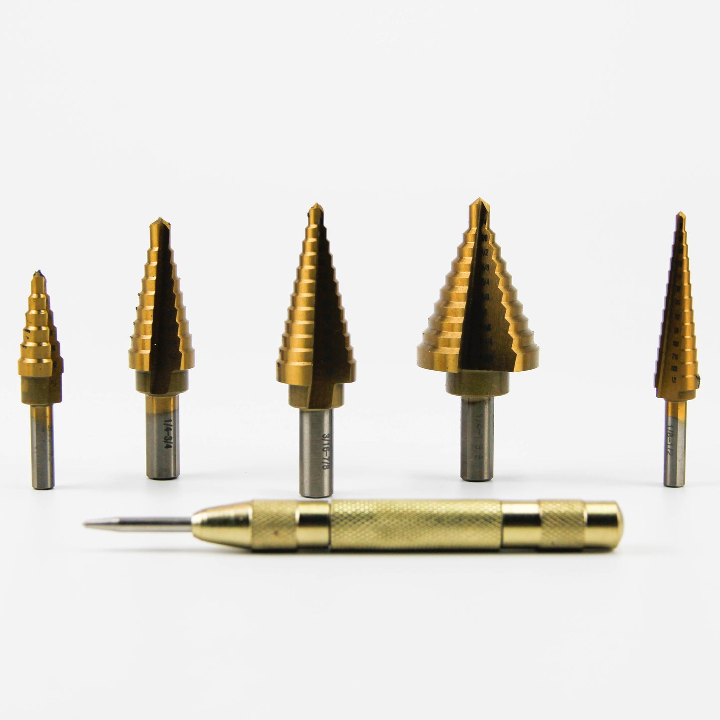 6 pcs straight slot titanium step drill bits in aluminum box