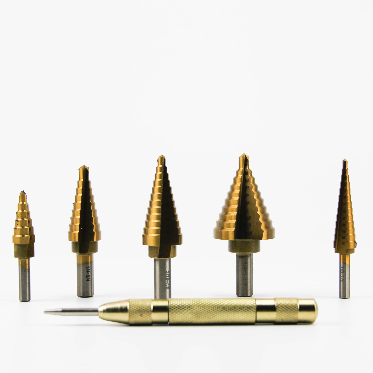 6 pcs straight slot titanium step drill bits in aluminum box