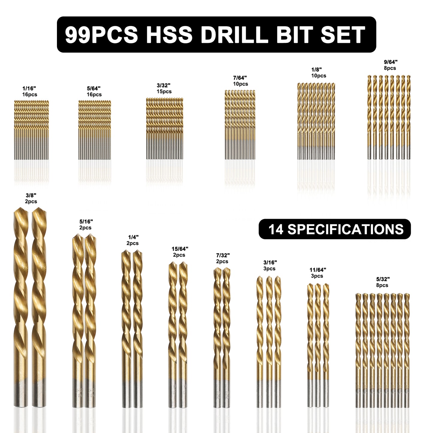 99pcs 135° double back angle, clean edge titanium drill bits