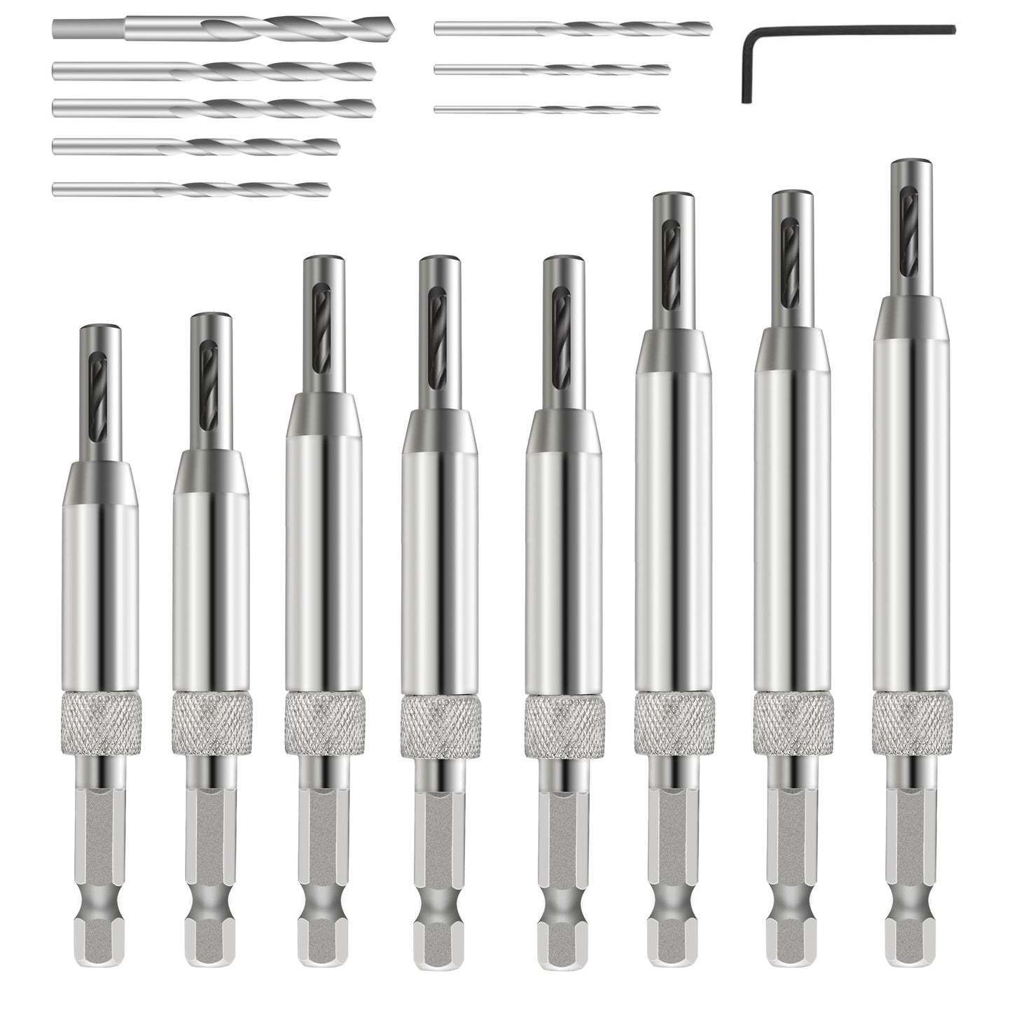 17pcs VIX Bits Self Centering Drill Bit Set, 1/4" Hex Shank Self Centering Hinge Tapper Core Drill Bit Set for Woodworking Window Door Hinge with 1 Hex Key & 8 Drill Bits 5/64"-1/4"