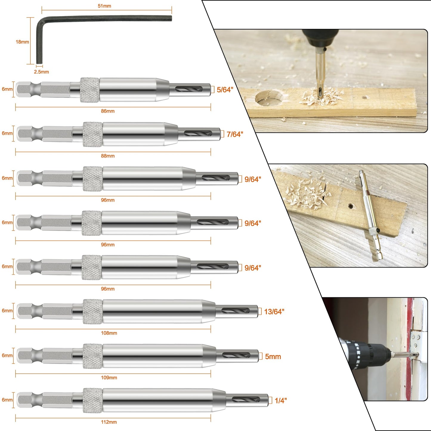 17pcs VIX Bits Self Centering Drill Bit Set, 1/4" Hex Shank Self Centering Hinge Tapper Core Drill Bit Set for Woodworking Window Door Hinge with 1 Hex Key & 8 Drill Bits 5/64"-1/4"