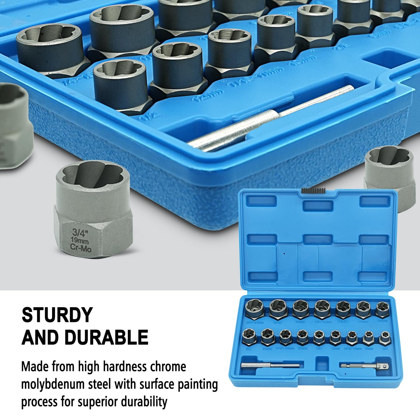 Screw Puller Kit, Multi-Spline Hex Head, 3/8 Inch Drive Easy Removal Bolt Puller Kit for Removing Stripped, Rounded, 18 pce