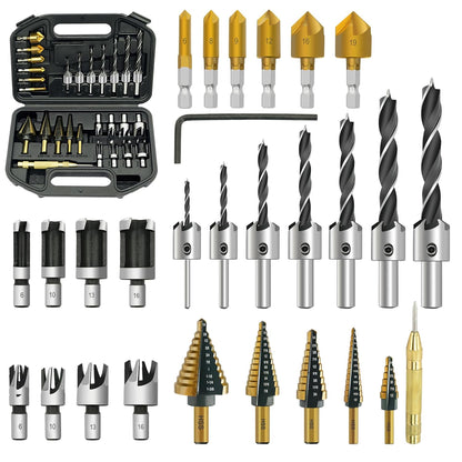 28-piece woodworking chamfering and drilling tool set - countersink drill bit, step drill bit set, etc.