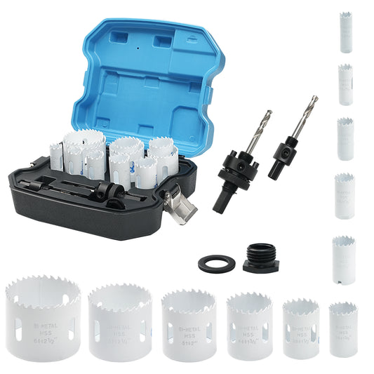 11pc bimetal hole opener, white M3 material, large and small extension rods and converter 2 drill bits