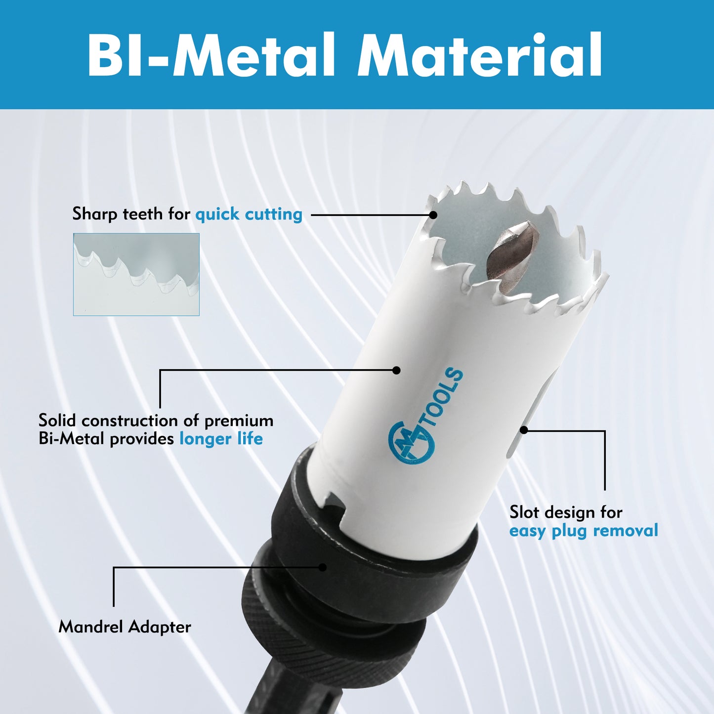 11pc bimetal hole opener, white M3 material, large and small extension rods and converter 2 drill bits