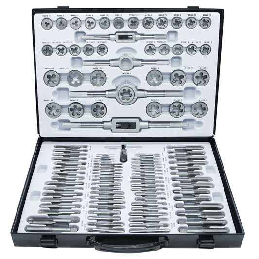 110-piece tap and die set, metric sizes M2-M18 standard threading tools with adjustable handles and more