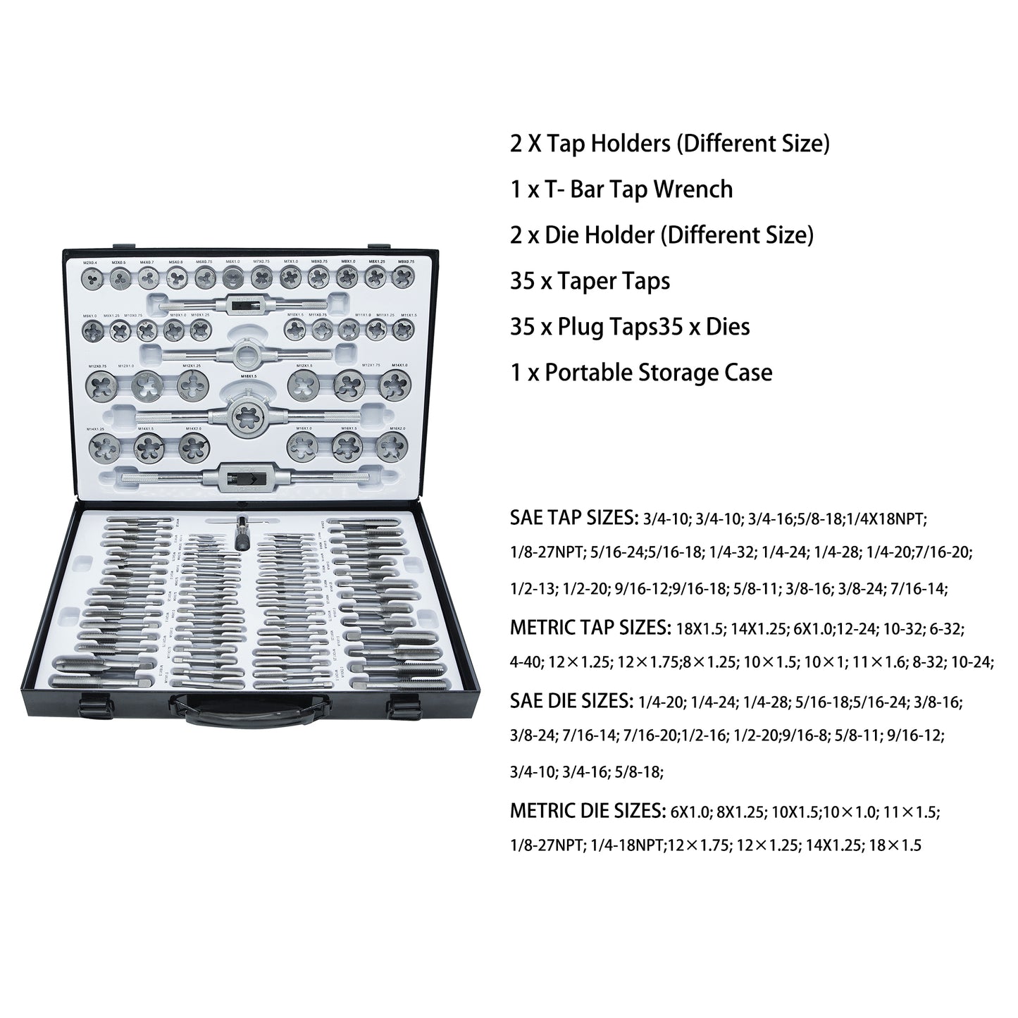 110-piece tap and die set, metric sizes M2-M18 standard threading tools with adjustable handles and more