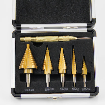 6 pcs straight slot titanium step drill bits in aluminum box