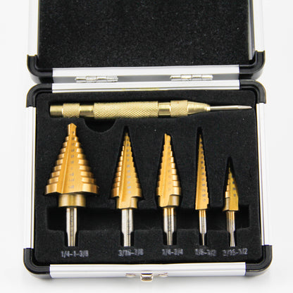 6 pcs straight slot titanium step drill bits in aluminum box