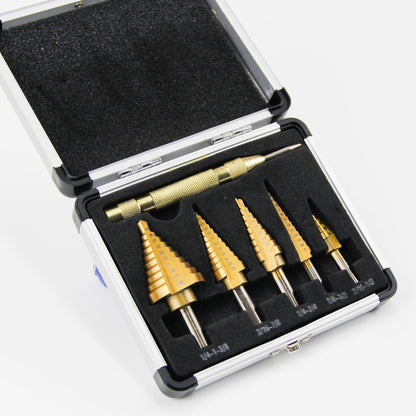 6 pcs straight slot titanium step drill bits in aluminum box
