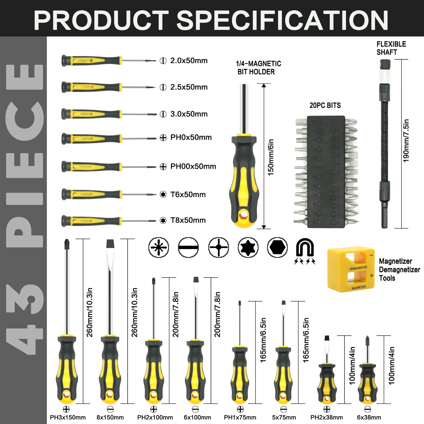 43pcs Magnetic Screwdriver Set, Including Slotted, Phillips, Hexagonal, Pozidriv, Magnetizer