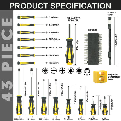 43pcs Magnetic Screwdriver Set, Including Slotted, Phillips, Hexagonal, Pozidriv, Magnetizer