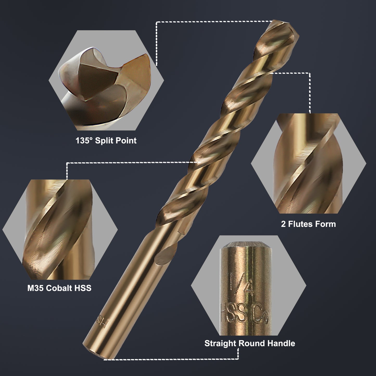 115pcs HSS M35 fully ground roasted yellow diamond, 135 degree double back angle, regular engraving 1/16"~1/2"
