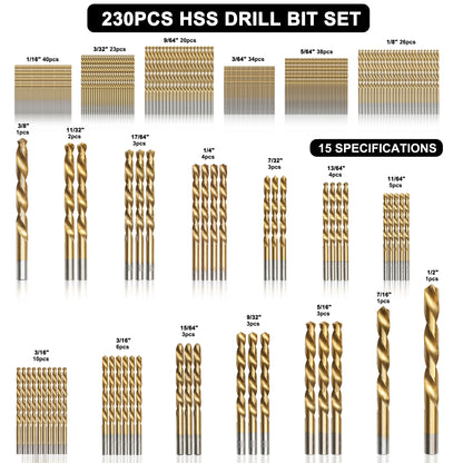 230-piece set, 135° double back angle, clean edge titanium drill