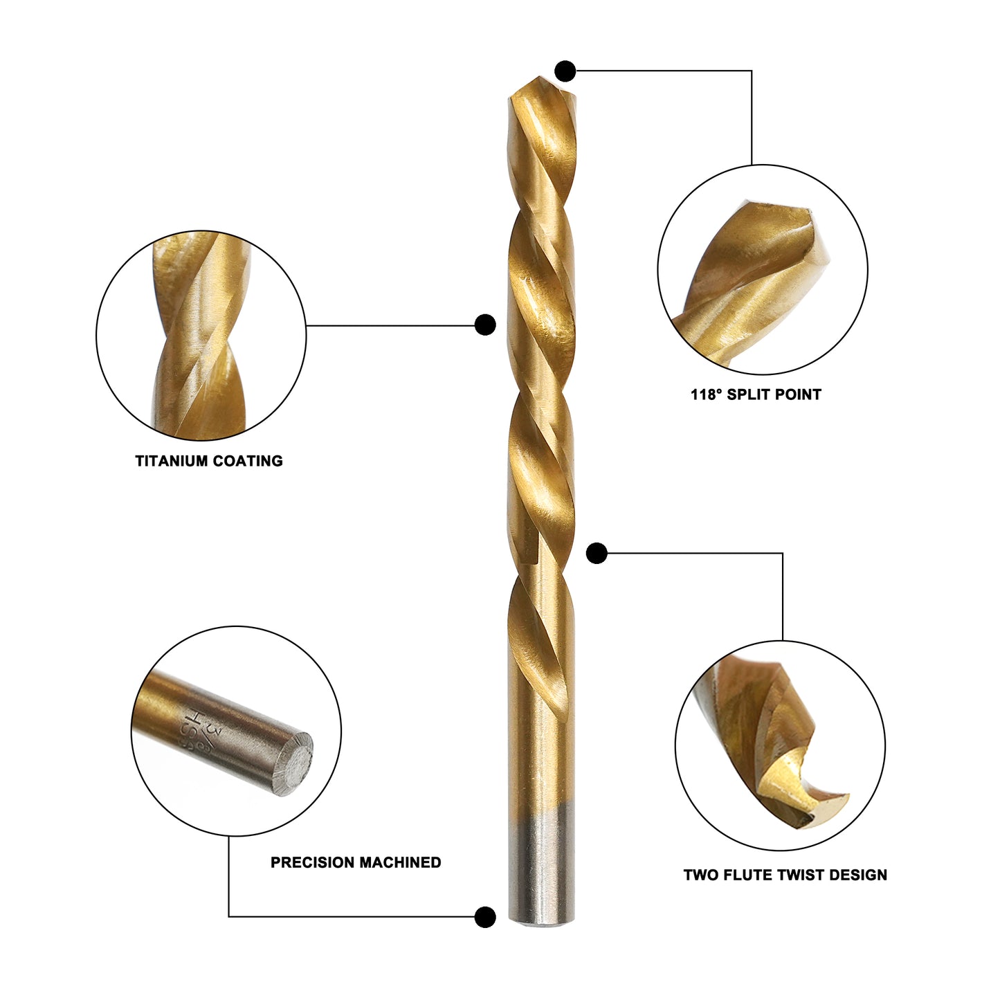 230-piece set, 135° double back angle, clean edge titanium drill