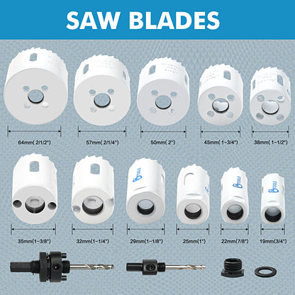 11pc bimetal hole opener, white M3 material, large and small extension rods and converter 2 drill bits