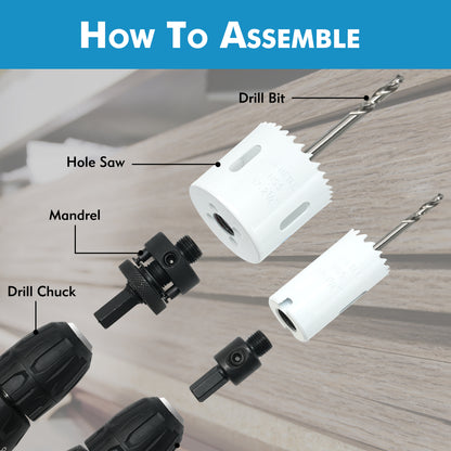 11pc bimetal hole opener, white M3 material, large and small extension rods and converter 2 drill bits