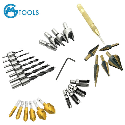 28-piece woodworking chamfering and drilling tool set - countersink drill bit, step drill bit set, etc.