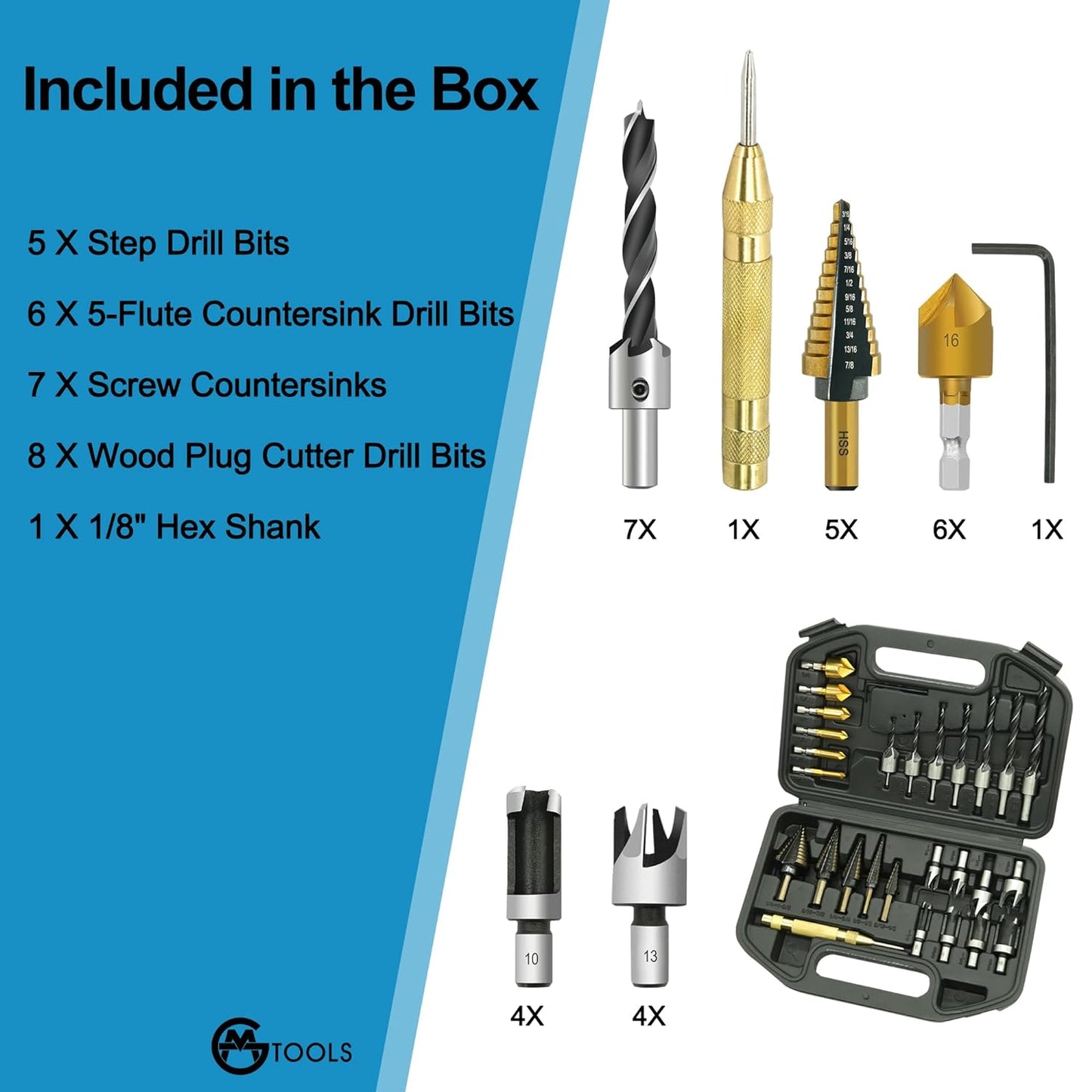 28-piece woodworking chamfering and drilling tool set - countersink drill bit, step drill bit set, etc.