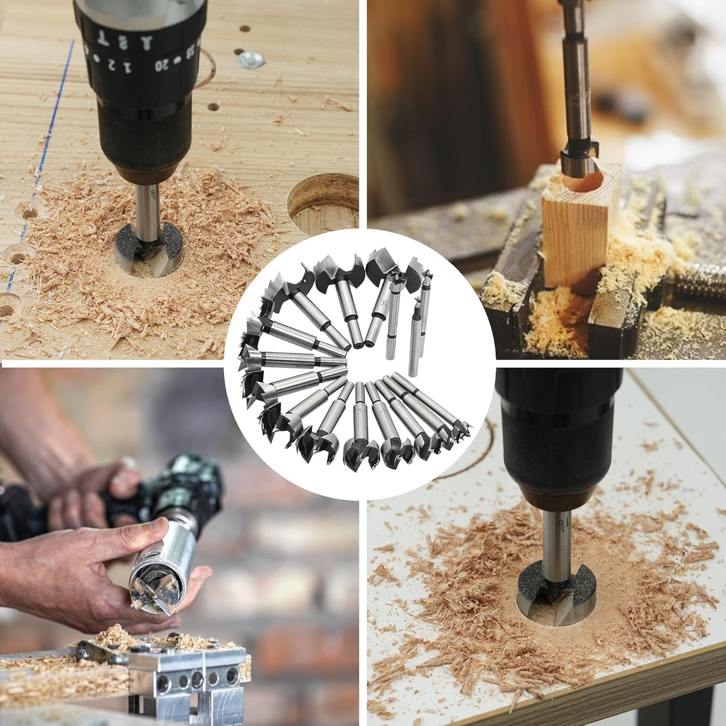 16PCS Forstner Drill Bits for Wood, Carbide Forstner Bit for Woodworking, Auger Opener Round Shank Drilling Cutting Tool for Hardwood, Softwood, Plastic, Plywood