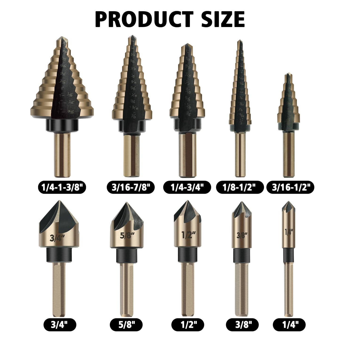 5Pcs Step Drill Bit & 5Pcs Countersink Drill Bit Set, Titanium Coated, 50 Sizes of Step Bit for Metal with Aluminum Case