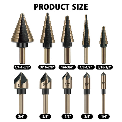 5Pcs Step Drill Bit & 5Pcs Countersink Drill Bit Set, Titanium Coated, 50 Sizes of Step Bit for Metal with Aluminum Case