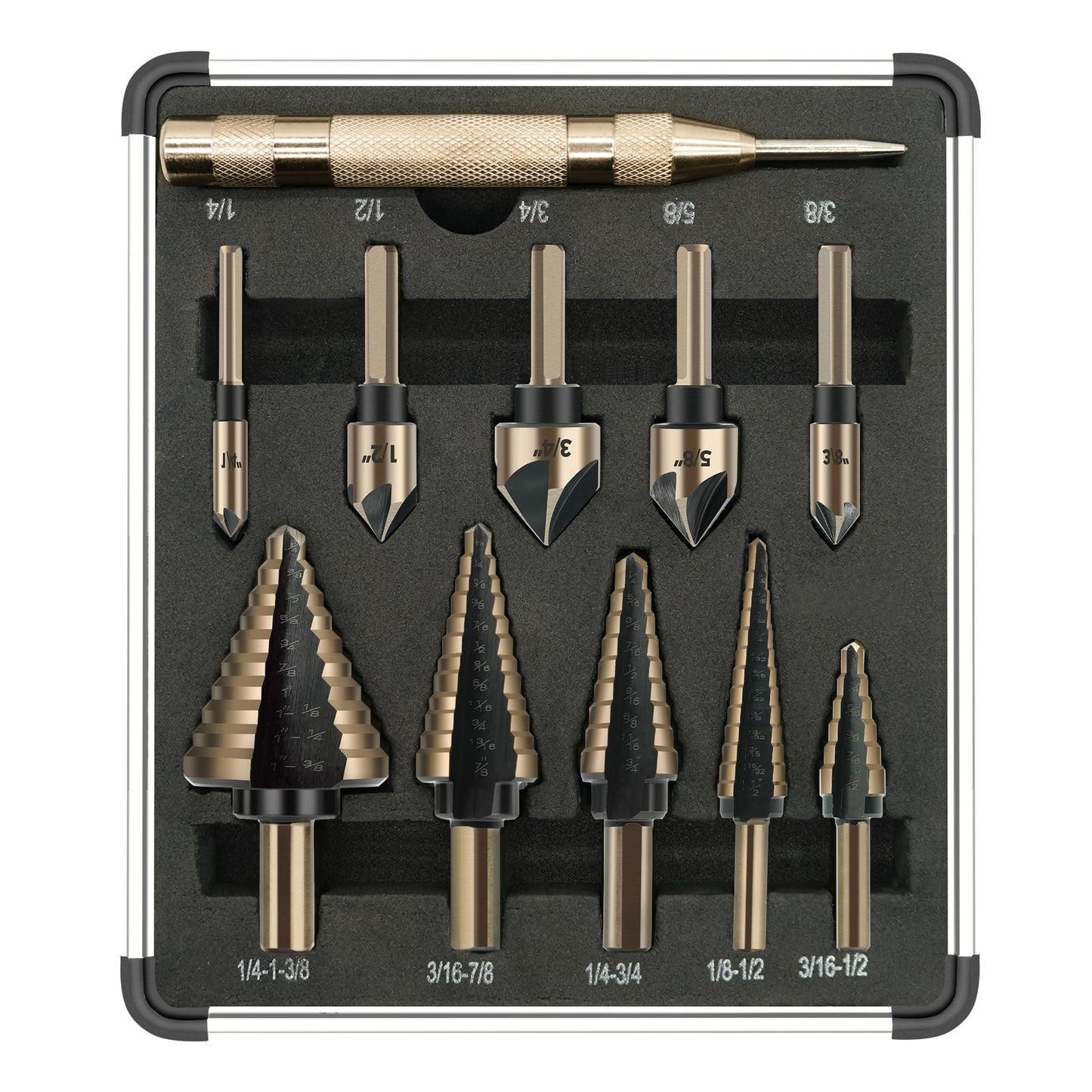5Pcs Step Drill Bit & 5Pcs Countersink Drill Bit Set, Titanium Coated, 50 Sizes of Step Bit for Metal with Aluminum Case