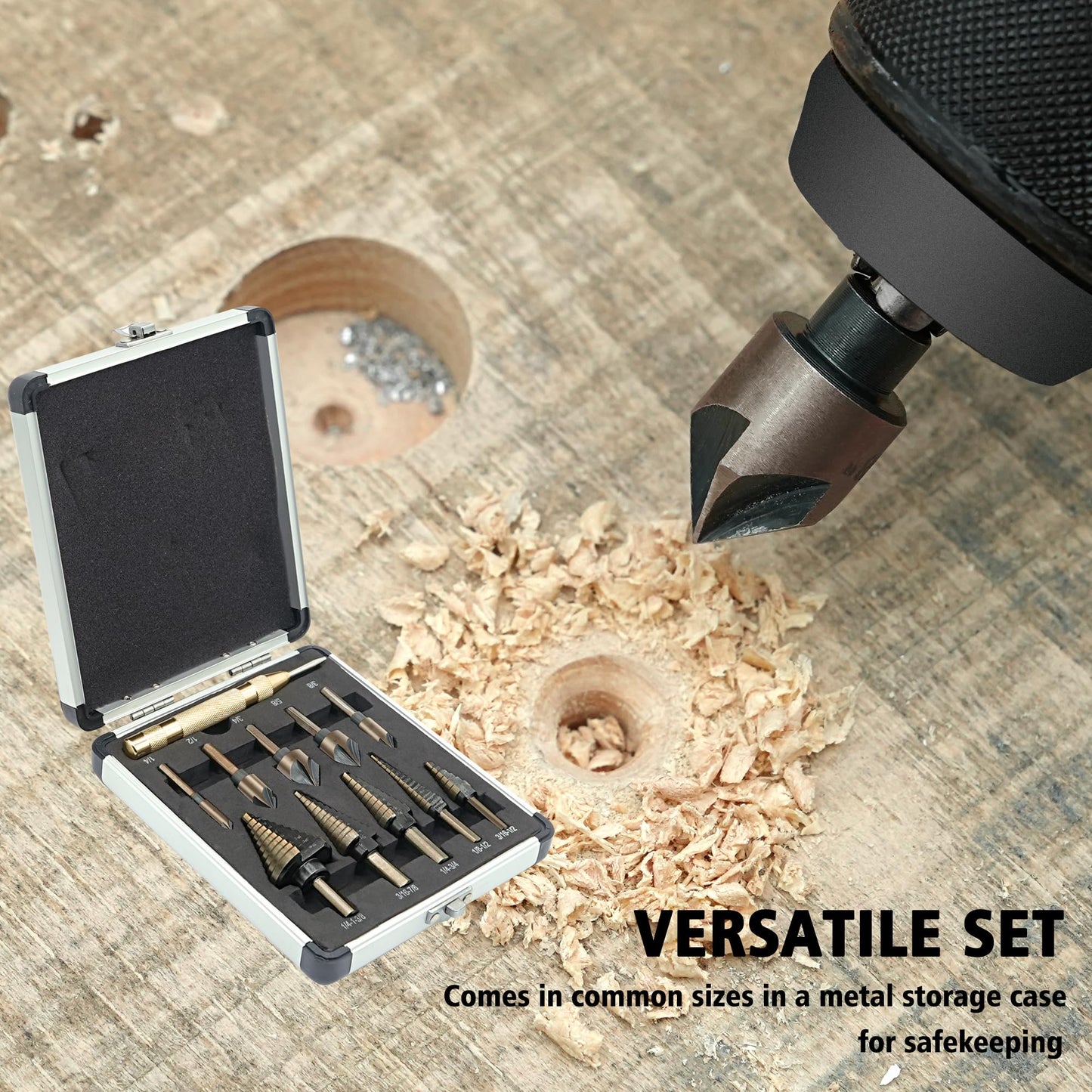 5Pcs Step Drill Bit & 5Pcs Countersink Drill Bit Set, Titanium Coated, 50 Sizes of Step Bit for Metal with Aluminum Case