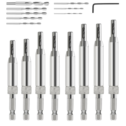 17pcs VIX Bits Self Centering Drill Bit Set, 1/4" Hex Shank Self Centering Hinge Tapper Core Drill Bit Set for Woodworking Window Door Hinge with 1 Hex Key & 8 Drill Bits 5/64"-1/4"