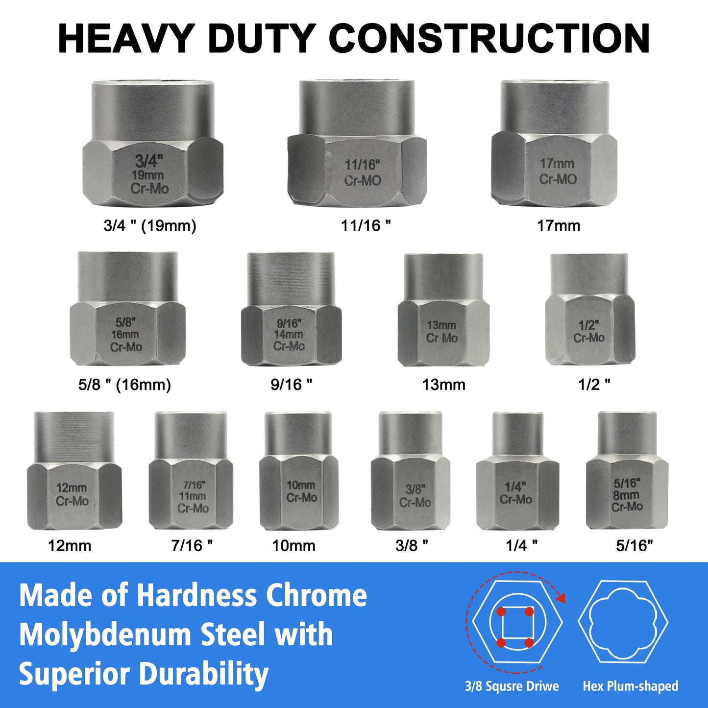13 Piece Screw Extractor Set, Easy-Out Bolt Extractor Kit with Bottom 3/8" Drive, Multi-Spline Extractor