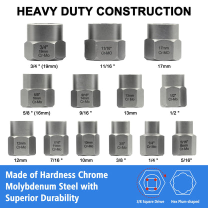 13 Piece Screw Extractor Set, Easy-Out Bolt Extractor Kit with Bottom 3/8" Drive, Multi-Spline Extractor